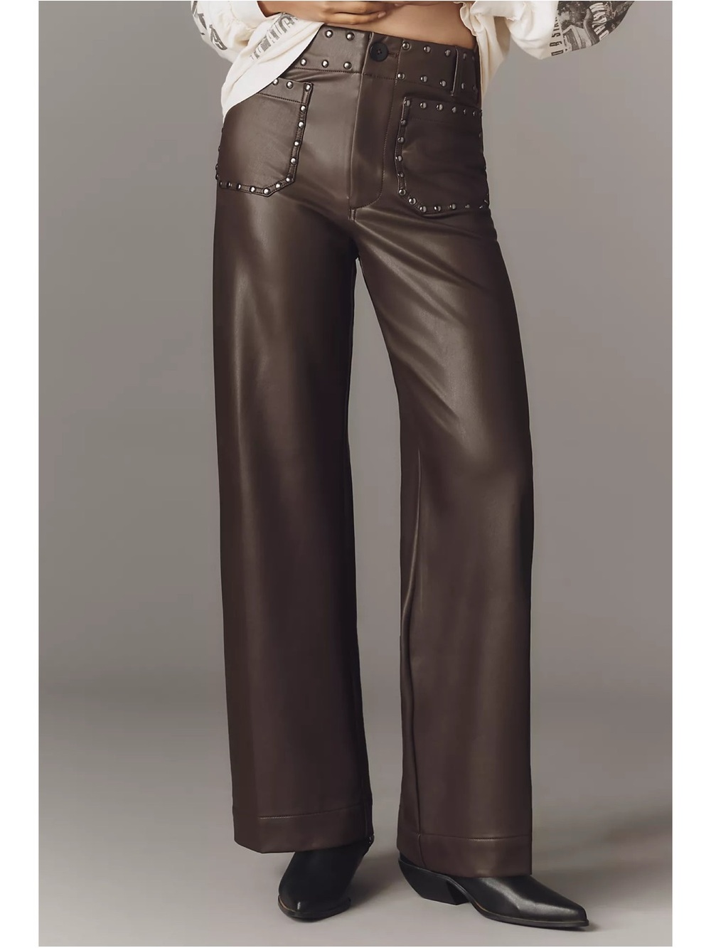 Anthropologie The Colette Full-Length Faux Leather Studded Pants Brown 28